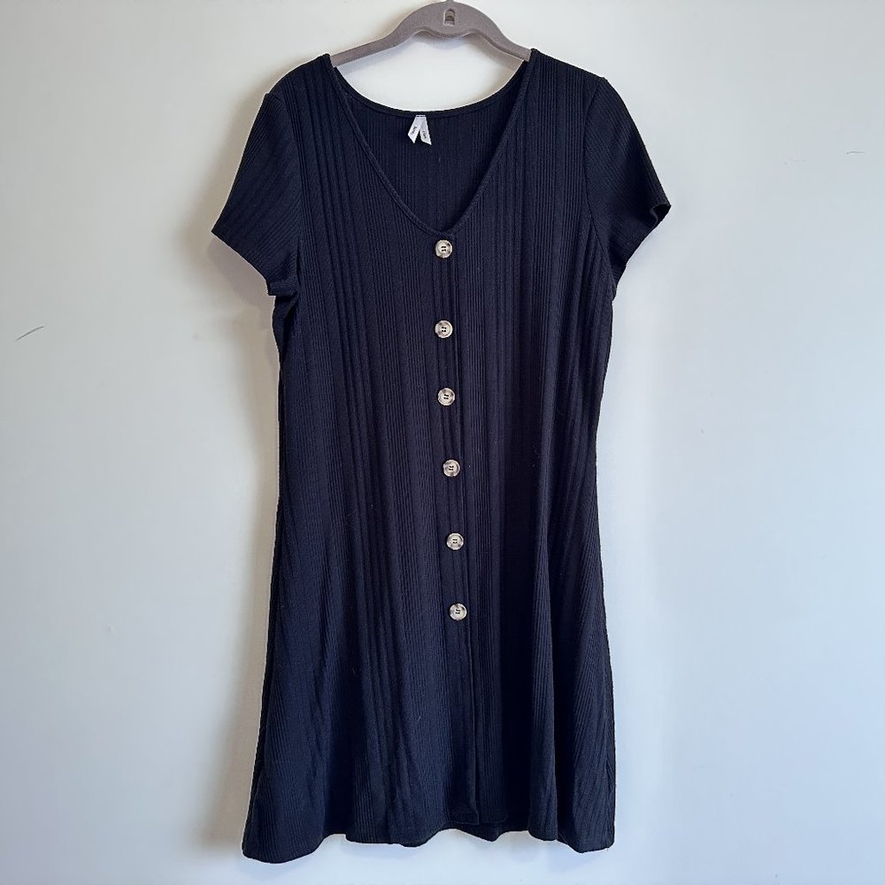 Black Short Sleeve Dress with Button Detail